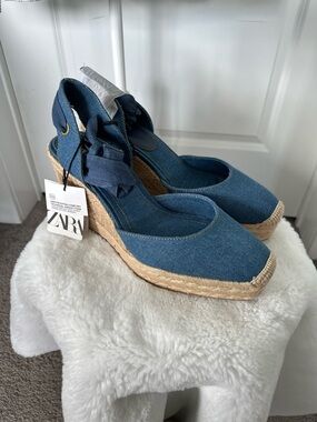 Zara Denim Blue Espadrille Wedge with Ankle Tie sz 41 USA 10